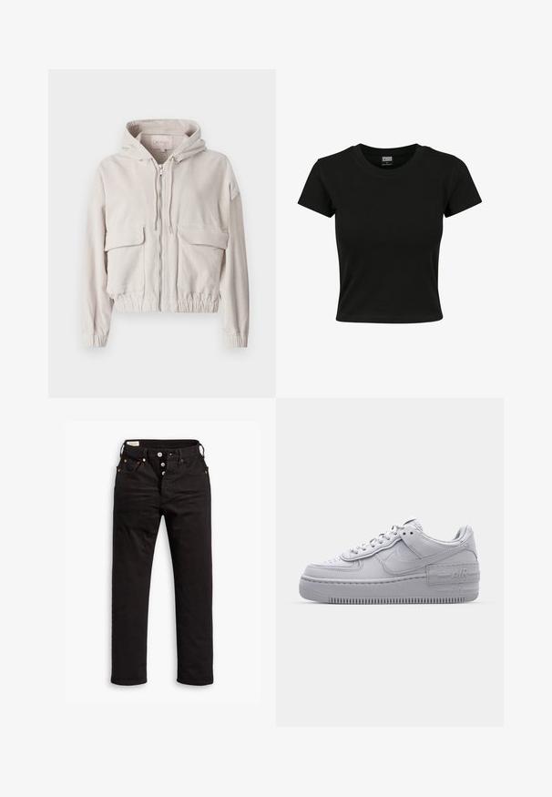 Beige cordjakke med hætte, frontlynlås, to brystlommer og elastisk kant og manchetter. Blød tekstur med synligt ribbet mønster.; Sort kortærmet t-shirt lavet af glat bomuldsstof, med rund halsudskæring og en tætsiddende pasform. Ingen synlige mønstre eller accenter.; Sorte lige jeans med knaplukning, front- og baglommer samt kobbernitte detaljer på en hvid baggrund.; Grå Nike Air Force 1 sneakers med perforeret tå, glat læderoverdel, tyk sål og præget 'AIR' detalje på hælen.