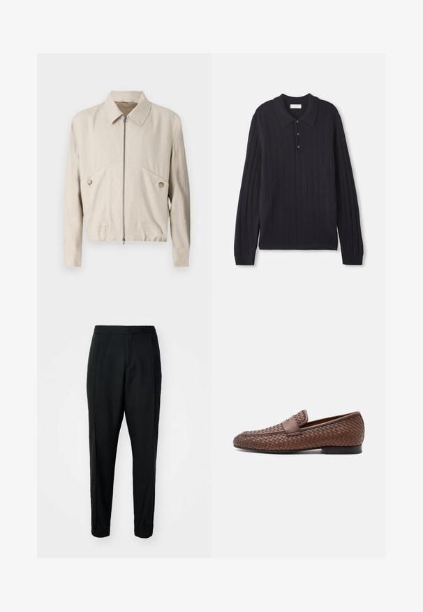 Lysbeige hættejakke med lynlås, krave, knapdetaljer og et cropped design. Lavet af glat stof med to forlommer.; Mørkeblå langærmet strikket polo sweater med tre knapper og ribbede manchetter, der har et struktureret lodret stribemønster.; Sorte tapered bukser med en glat tekstur, elastisk talje og manchetter. Har folder foran for et skræddersyet udseende.; Brun vævet læderloafer med en rem tværs over toppen og en lav sort hæl, vist fra siden på en hvid baggrund.