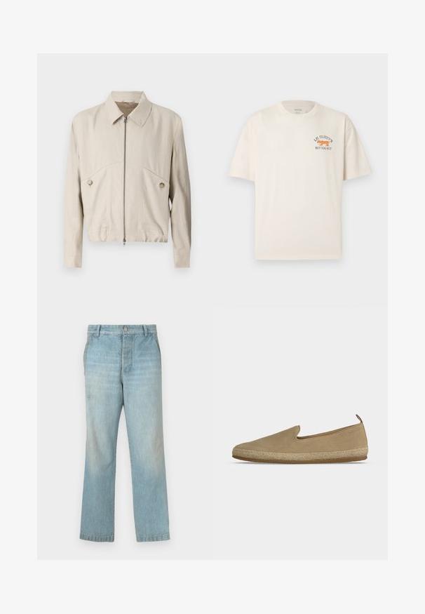 Hellbeige Zip-Jacke mit Reißverschluss, Kragen, Knopfakzenten und einer kurzen Passform. Hergestellt aus glattem Stoff mit zwei Vorderaschen.; Off-white T-Shirt mit kurzen Ärmeln, das auf der linken Brust eine kleine Grafik eines orangefarbenen Hotdogs und den Text "LIL GLIZZY'S HOT DOG HUT" zeigt.; Hellblaue Jeans aus Denim mit geradem Schnitt. Verfügen über eine verblichene Textur und dezente Gebrauchsspuren. Mit Knopf- und Reißverschluss vorne.; Beige Slip-On-Espadrille mit Wildleder-Obermaterial, geflochtener Jutemittelsohle, Gummilaufsohle und Zuglasche an der Ferse vor einfarbig hellem Hintergrund.