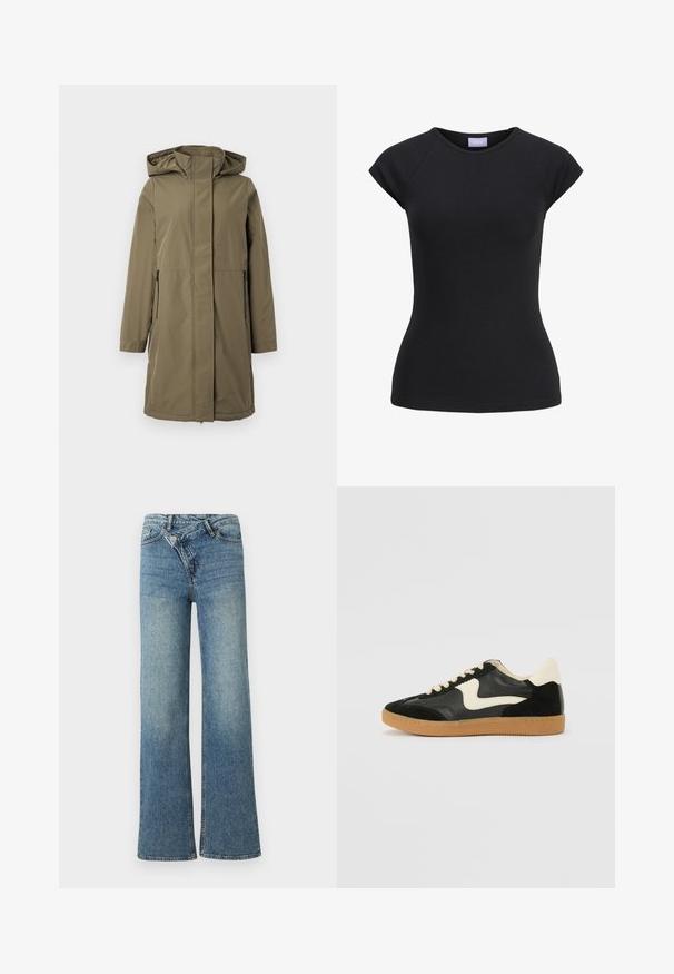 Veste imperméable olive avec capuche, manches longues, fermeture éclair sur le devant et deux poches latérales. Caractéristiques d'une coupe droite et d'une texture lisse.; T-shirt noir ajusté à manches courtes avec encolure ronde et étiquette de marque violette à l'intérieur du col.; Jean en denim bleu clair à jambes larges avec une taille haute, un délavage clair et une fermeture à bouton à l'avant. Comprend cinq poches et des coutures minimales.; Baskets en daim et cuir noir avec un swoosh latéral crème et un talon crème clair. Dotées de lacets beige et d'une semelle en caoutchouc gomme.