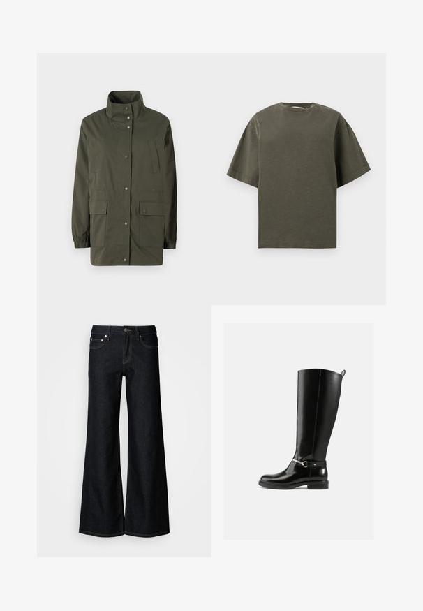 Veste légère vert olive avec col élevé, boutons-pression et deux poches plaquées à l'avant. Dotée de poignets élastiques et d'une coupe droite.; T-shirt vert olive à manches courtes avec un col rond et une coupe décontractée, présenté sur un fond gris clair uni.; Jean en denim foncé à jambes larges avec une taille haute, un design à cinq poches et une couture contrastée jaune le long des coutures.; Bottes noires montantes en cuir verni, avec un détail de boucle argentée à la cheville et une conception à bout arrondi. Semelle plate.