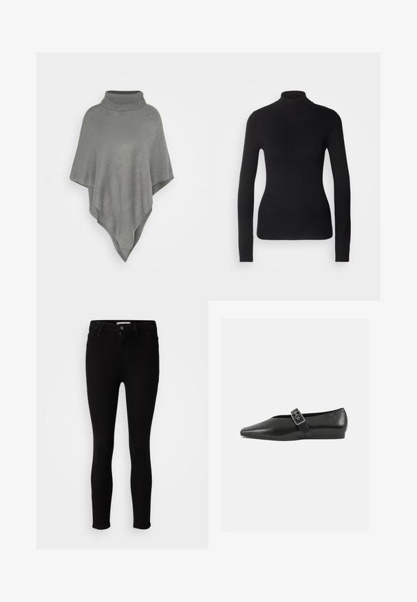 Lys grå poncho med en høj, ribbet krave. Har et struktureret strikmønster og en flydende, triangular form, der hænger ned.; Sort turtleneck sweater lavet af let strikket stof. Har lange ærmer, et tætsiddende design og en blød ribbet tekstur.; Sorte slim-fit jeans med knap- og lynlås-lukning, for- og baglommer, præsenteret på en neutral hvid baggrund.; Sorte læder flade sko med spidse tæer, prydet med en metallisk spænde over vristen og en lav, fleksibel sål.