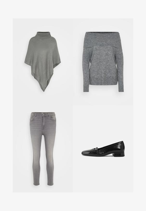 Poncho gris clair avec un grand col côtelé. Présente un motif tricoté texturé et une forme triangulaire fluide qui tombe.; Pull gris à épaule dénudée avec des manches longues, texture côtelée et coupe décontractée. Conçu en matériau tricoté doux.; Jean en denim gris à coupe slim, avec une fermeture à bouton, cinq poches et un léger délavage le long des jambes. Texture lisse, sans motifs.; Ballet flats en cuir verni noir avec un bout pointu, un petit talon carré et un détail de boucle métallique sur la sangle. Texture lisse.