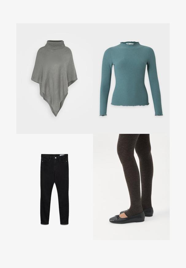 Hellgrauer Poncho mit hohem, geripptem Kragen. Hat ein strukturiertes Strickmuster und eine fließende, dreieckige Form, die nach unten fällt.; Langärmeliger, gerippter Pullover in Petrol mit hohem Kragen und Rüschenabschluss an Ärmelbündchen und Saum, abgebildet vor weißem Hintergrund.; Schwarze High-Waist Skinny Jeans mit Frontknopf und Reißverschluss, zwei Vordertaschen und zwei Gesäßtaschen, flach auf weißem Hintergrund präsentiert.; Beine in dunklen, gerippten Leggings kombiniert mit schwarzen Ballerinas mit kleinen Schleifendetails auf weißem Hintergrund.