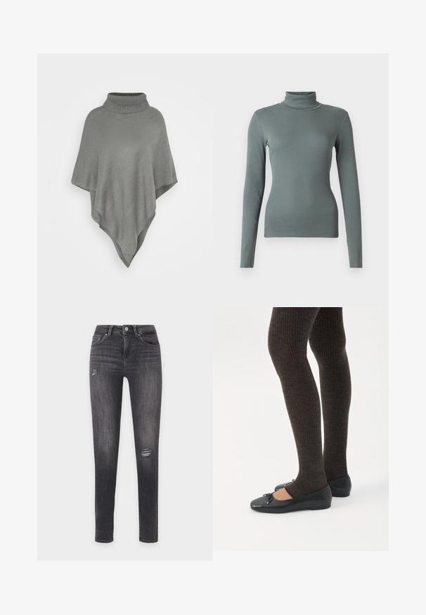 Poncho gris claro con un alto cuello acanalado. Presenta un patrón de tejido texturizado y una forma triangular y fluida que se drapea hacia abajo.; Top de cuello alto de manga larga en suave tejido de canalé verde texturizado. Diseño ajustado con un cuello alto y una construcción sin costuras en todo el largo.; Vaqueros negros de corte slim con un ligero desgaste y pequeños desgarros en la parte superior del muslo y la zona de las rodillas, con bolsillos delanteros y trabillas para cinturón.; Piernas con leggings oscuros acanalados combinados con bailarinas negras que presentan pequeños detalles de lazo sobre un fondo blanco.