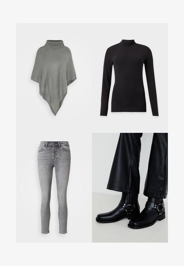 Poncho gris clair avec un grand col côtelé. Présente un motif tricoté texturé et une forme triangulaire fluide qui tombe.; Haut noir ajusté à manches longues avec col montant, présenté sur un fond gris clair uni.; Jeans skinny gris clair avec taille haute, fermeture à cinq boutons et poches avant. Présente un décoloration minimale et une texture denim lisse.; Bottines en cuir noir avec un bout arrondi, présentant une boucle décorative et des clous sur la sangle, ainsi qu'un détail côtelé vertical.