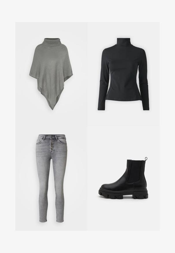 Poncho gris claro con un alto cuello acanalado. Presenta un patrón de tejido texturizado y una forma triangular y fluida que se drapea hacia abajo.; Even&Odd Petite Camiseta de manga larga - black; Jeans skinny de un gris claro con una cintura alta, cierre de cinco botones y bolsillos frontales. Presenta un desvanecimiento mínimo y una textura de mezclilla suave.; Botas de tobillo de cuero negro con paneles laterales elásticos, suela de goma gruesa y tirador. Presentan una textura suave y un patrón de dibujo bien definido.