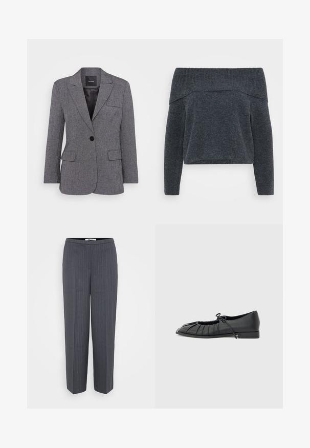 Šedý štruktúrovaný blazer s jedným gombíkom, klopu s vykrojením a dve predné vrecká. Podšívka s čiernou etiketou.; Tmavošedý sveter na ramienkach s rebrovaným golierom a dlhými rukávmi. Mäkká textúra a voľný strih, navrhnutý pre uvoľnený vzhľad.; Tmavo šedé pruhované nohavice so zatvorenými nohavicami a vysokým pásom, vystavené na jednoduchom svetlom pozadí.; Čierna plochá obuv s pregĺadeným predným dizajnom a viazanou mašľou na vrchu, nízky podpätok a hladká textúra na svetlosivom pozadí.