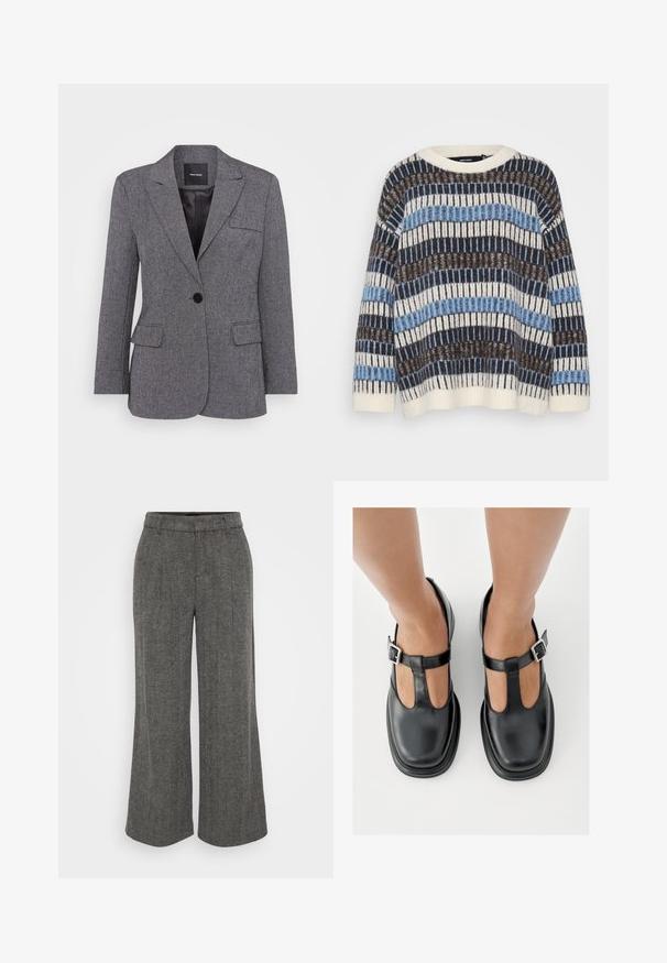 Hallide, tekstuuriga bleiser, üksiknupuga kinnitusega, sälkupeadega ja kahe esiosa taskuga. Vooderdatud siseosa musta etiketiga.; Vero Moda Petite VMTIFFANY O NECK - Džemper - birch/chocolate torte/allure; Hallikas herringbone musteriga laiad püksid kitsaste paeltega, millel on volditud esiosa ja pehme, tekstuuriga kangas.; Mustad nahast kingad T-rihma disainiga, suletud nina ja hõbedaste pandlatega. Sile tekstuur, ümar nina ja lame tald.
