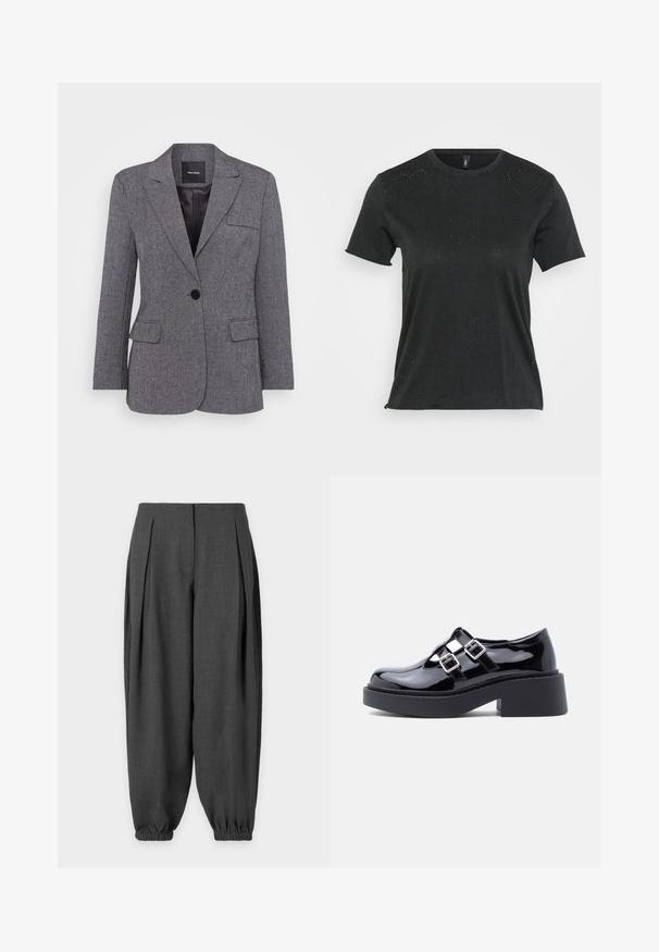 Grijze, gestructureerde blazer met een enkele knoopsluiting, notch kleppen en twee voorzakken. Gevoerde binnenkant met een zwart label.; Zwarte T-shirt met korte mouwen en ronde halslijn, met subtiele hartvormige rhinestone versieringen aan de voorkant. Zacht, casual materiaal.; Donkergrijze loszittende broek met plooien aan de voorkant en elastische boorden bij de enkels op een effen achtergrond.; Zwarte plateauplatformschoenen van lakleer met brede hak, open design en twee zilveren gespen over de wreef. Platte rubberen zool.