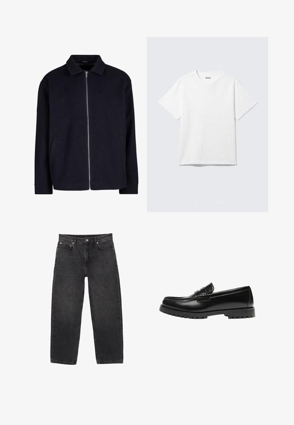Veste noire avec un col, fermeture éclair à l'avant et poches latérales ; fabriquée en tissu texturé avec une coupe décontractée.; T-shirt blanc à manches courtes et col rond, étalé à plat, design uni, avec l'étiquette "WEEKDAY" à l'intérieur du col sur un fond clair.; Jean denim noir avec une coupe droite, cinq poches et des accents métalliques. Le tissu présente une finition subtilement texturée.; Mocassin en cuir noir avec une semelle en caoutchouc épaisse et un détail classique de bride à monnaie, vu de côté extérieur.