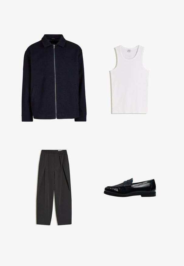 Veste noire avec un col, fermeture éclair à l'avant et poches latérales ; fabriquée en tissu texturé avec une coupe décontractée.; Débardeur blanc en coton avec un col rond et de larges bretelles. Texture lisse, sans motifs ni accents, design simple.; Pantalon noir taille haute, coupé droit, avec pinces et passants de ceinture, présenté à plat sur un fond blanc.; Mocassin penny loafer pour homme en cuir noir avec bout moc cousu et petit talon, présenté de profil sur fond blanc.