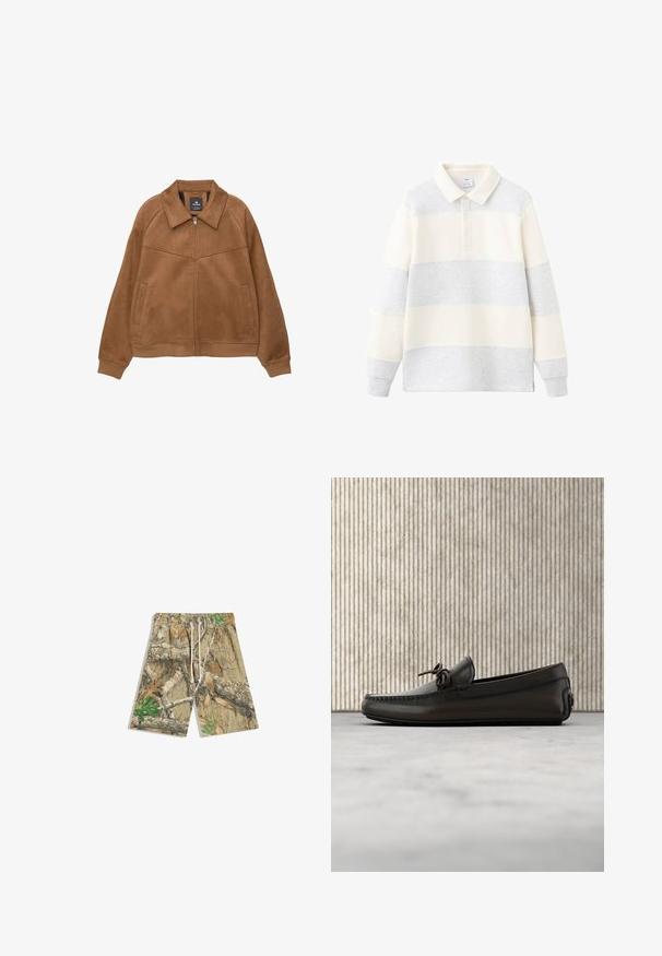 Bruine faux-suède jack met rits en een brede kraag, twee voorzakken en geribbelde manchetten. Heeft een gladde, matte textuur en strakke lijnen.; Polo met lange mouwen in grijs en crème, met horizontale strepen, een klassieke kraag en een knoopsluiting. Gemaakt van zachte stof.; Heren shorts met trekkoord in groen-, bruin- en beige woodland camouflagepatroon.; Zwarte leren loafer met strikdetail, hangend boven een beige tapijt, met een ronde, glanzende bruine tafel op de achtergrond.