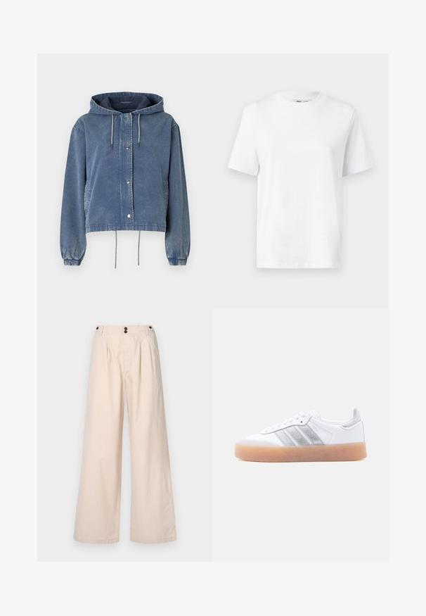 Jeansjacke in verblasstem Blau mit Kapuze, silbernen Druckknöpfen, elastischen Bündchen und verstellbaren Kordeln am Saum und der Kapuze.; Weißes Baumwoll-T-Shirt mit Rundhalsausschnitt, kurzärmlig und mit glatter Textur. Entworfen mit einer lockeren Passform für Komfort und Vielseitigkeit.; Beige weite Hosen aus Baumwolle mit hoher Taille, zwei vorderen Falten und zwei braunen Knöpfen am Bund.; Weißer Sneaker in niedrigem Schnitt mit brauner Sohle, seitlichen silbernen Streifenakzenten und Schnürverschluss, dargestellt vor hellem einfarbigem Hintergrund.