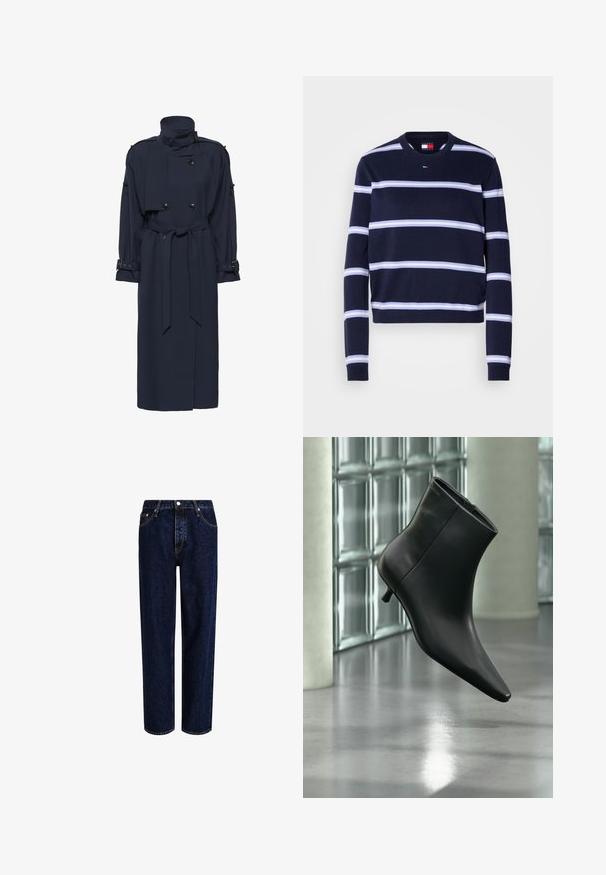 Manteau trench bleu marine avec col montant, design croisé, taille ceinturée et manches longues avec des accents de boucle aux poignets.; Pull rayé marine avec des rayures blanches horizontales, col rond côtelé et manches ajustées. Fabriqué en tissu tricoté doux.; Jeans en denim bleu foncé avec une coupe droite, dotés d'une taille haute, d'un style à cinq poches et de coutures contrastantes. Sans embellissements.; Bottine en cuir noir à bout pointu et petit talon kitten, présentée en angle devant un sol poli et un mur en blocs de verre.