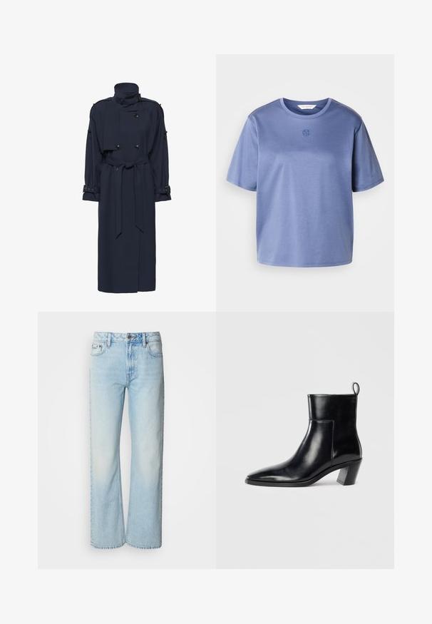 Manteau trench bleu marine avec col montant, design croisé, taille ceinturée et manches longues avec des accents de boucle aux poignets.; T-shirt en coton bleu à manches courtes avec col rond et petit logo circulaire centré sous le col.; Jeans à jambes larges bleu clair en denim, présentant un design classique à cinq poches et une texture légèrement décolorée. La couture en denim est visible.; Bottine en cuir noir avec un bout pointu, un talon empilé géométrique et une languette à l'arrière. Texture lisse et design épuré.
