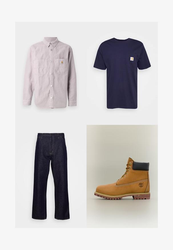 Lichtpaars langemouwen shirt gemaakt van katoen, met een knoopsluiting aan de voorkant, twee borstzakken en een merkembleem op de linker zak.; Navyblauwe katoenen t-shirt met korte mouwen, ronde hals en linkerkant borstzak met een geel en wit Carhartt-logo erop geborduurd.; Donkerblauwe denim jeans met rechte pijpen, voorzakken, riemlussen, ritssluiting en knoopsluiting, weergegeven tegen een eenvoudige witte achtergrond.; Bruine leren enkellaars met zwarte kraag, gele veters en een zandkleurige zool. Voorzien van een logo en witte stikseldetails. Robuuste loopzool met grip.