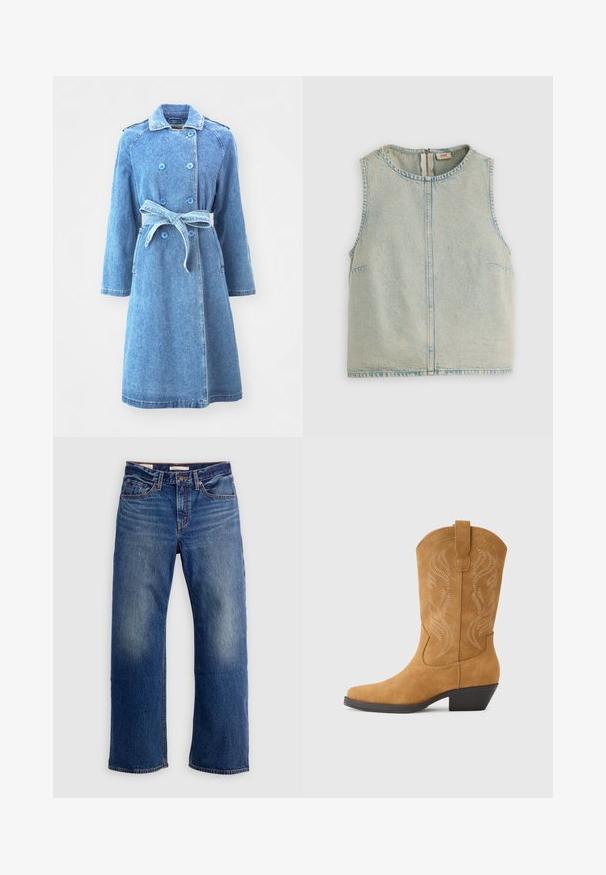 Lyseblå denimjakke med dobbeltonet knaplukning, bæltestrop i taljen, lange ærmer og to sidelommer. Glat tekstur, længde til knæene.; Ærmeløs lyseblå denimvest med rund halsudskæring og synligt centralt lynlås på en ensfarvet baggrund.; Blå straight-leg denimjeans med forlommer, bæltestropper og falmning på lårene, vist på en ensfarvet hvid baggrund.; Cowboystøvle i ruskind med tanfarve, spids snude, dekorative syninger i et virvlende mønster, mellemhæl og trækflig for nem påtagning.