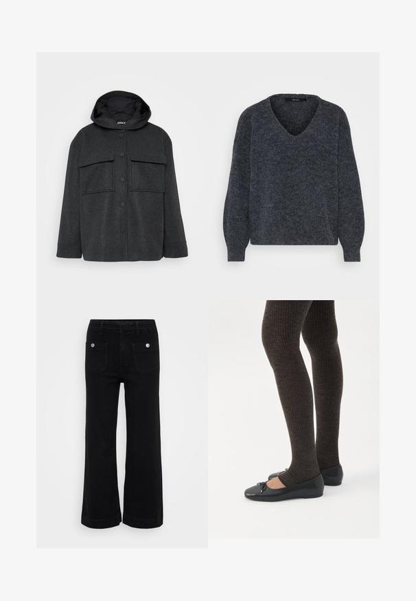 Mørkegrå hættejakke lavet af et tekstureret stof. Har to brystlommer og en frontlukning med knapper i sort.; Mørkegrå strikket sweater med V-udskæring, brede ærmer og en blød tekstur, der har en let oversized, boxy pasform.; Sorte breddebenede jeans lavet af denim, med høj talje, to baglommer og sølvtrykknapper. Glat tekstur med et rent design.; Ben iført mørke ribbede leggings kombineret med sorte balletsko med små sløjfedetaljer på hvid baggrund.