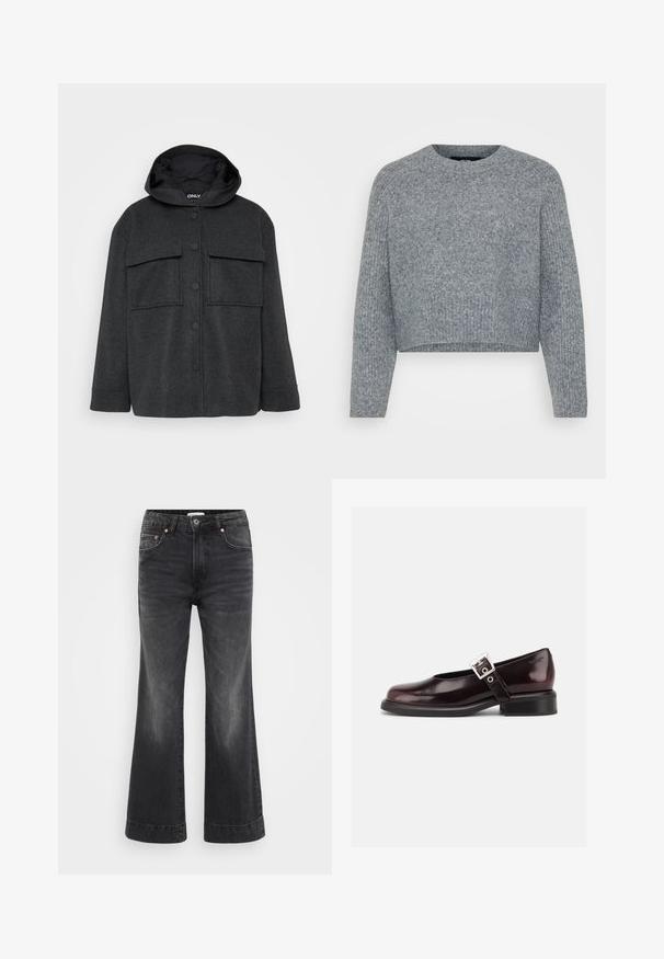 Mørkegrå hættejakke lavet af et tekstureret stof. Har to brystlommer og en frontlukning med knapper i sort.; Grå, cropped sweater i et struktureret strik, med en rund halsudskæring og lange ærmer. Materialet ser blødt og varmt ud.; Sorte brede ben jeans med høj talje, lavet af denim. Har forlommer, kobbernitter og synlige sømme langs sømmenes kant.; En enkelt blank mørk burgunder Mary Jane sko med bred rem og sølvspænde, lav blokhæle og rundet tå på hvid baggrund.