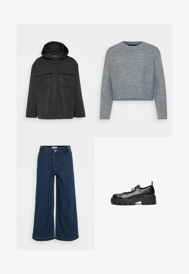 Chaqueta con capucha de color gris oscuro, hecha de una tela texturizada. Presenta dos bolsillos en el pecho y un cierre frontal de botones con botones negros.; Suéter gris, corto, de punto texturizado, con un cuello redondo y mangas largas. El material parece suave y cálido.; Pantalones de mezclilla de pierna ancha en azul oscuro. Cuenta con un cierre de botón, cinco bolsillos, costuras ligeras y una textura suave.; Zapatos de cuero negro con cordones, punta redonda, suela de plataforma gruesa y detalle de costura decorativa a lo largo del borde.