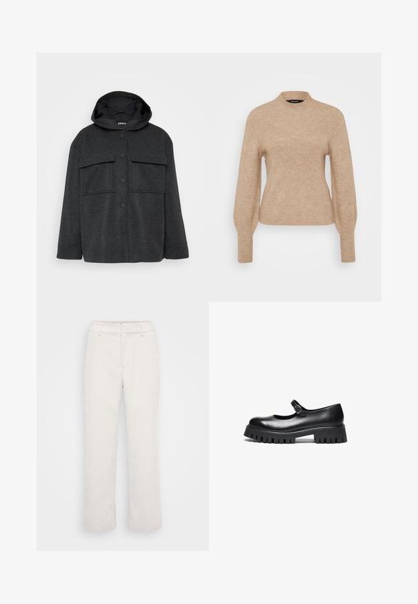 Mørkegrå hættejakke lavet af et tekstureret stof. Har to brystlommer og en frontlukning med knapper i sort.; Beige ribbet sweater med høj krave og lange ærmer, der har en blød tekstur og tætsiddende pasform. Stoffet ser let og varmt ud.; Lys grå kordfløjl bukser med lige snit, indeholdende en talje, bæltestropper og to forreste lommer. Blød tekstur med subtile ribber.; Sorte læder Mary Jane-style sko med rund tå, ankelrem og chunky gummisål med ribbet detaljering.