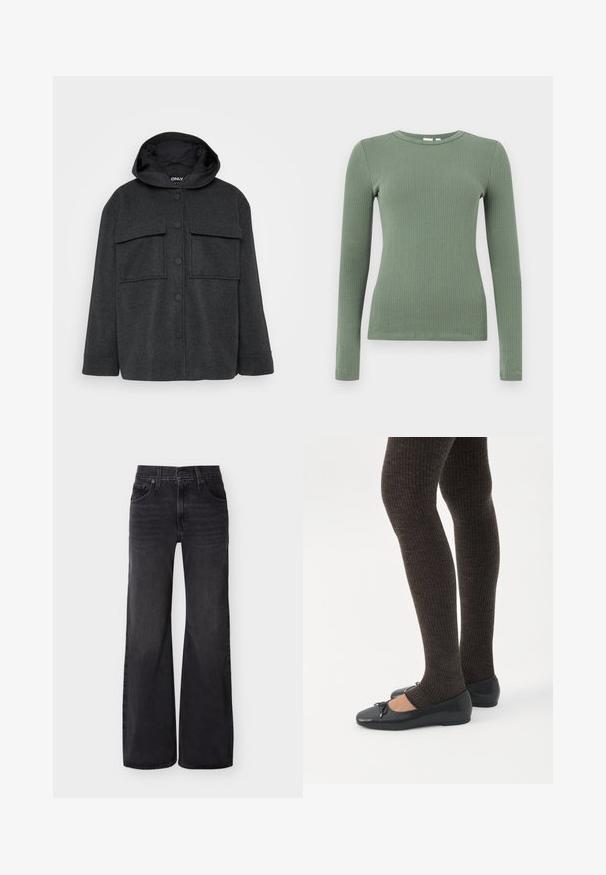 Chaqueta con capucha de color gris oscuro, hecha de una tela texturizada. Presenta dos bolsillos en el pecho y un cierre frontal de botones con botones negros.; Top de punto acanalado de manga larga con cuello redondo en verde apagado y silueta entallada.; Vaqueros negros de cintura alta y pierna ancha con botones delanteros, cremallera, trabillas para cinturón y diseño de cinco bolsillos sobre un fondo liso.; Piernas con leggings oscuros acanalados combinados con bailarinas negras que presentan pequeños detalles de lazo sobre un fondo blanco.