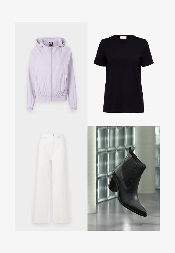 Chaqueta con capucha de color púrpura claro, con dobladillo y puños elásticos, que presenta un cierre frontal de cremallera y herrajes en tono dorado. Textura de tela suave.; Camiseta negra de manga corta con cuello redondo, bajo recto y etiqueta blanca en la parte trasera del interior del cuello.; Jeans de mezclilla de cintura alta y pierna ancha en color blanco. Cuenta con bolsillos delanteros, un cierre de botón y detalles de dobladillo deshilachado.; Botín negro de cuero con tacón bloque y panel lateral elástico, flotando en interiores frente a una pared de bloques de vidrio y suelo de hormigón.