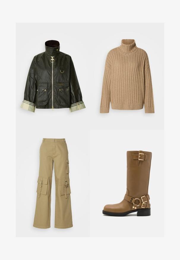 Veste cirée vert foncé avec un col montant, des accessoires dorés, deux poches avant et un détail à carreaux sur le poignet. Nom de la marque « Barbour » affiché.; Pull à col roulé beige côtelé avec manches longues, présentant un tricot texturé, un col large et un ourlet ajusté. Confectionné en matériau doux et chaud.; Pantalons cargo kaki à jambes larges, avec plusieurs poches latérales et une fermeture à bouton à l'avant. Fabriqués en tissu en coton durable.; Botte en cuir marron, haute jusqu'au genou, avec un bout rond, deux boucles décoratives en haut et à la cheville, et un léger talon carré.
