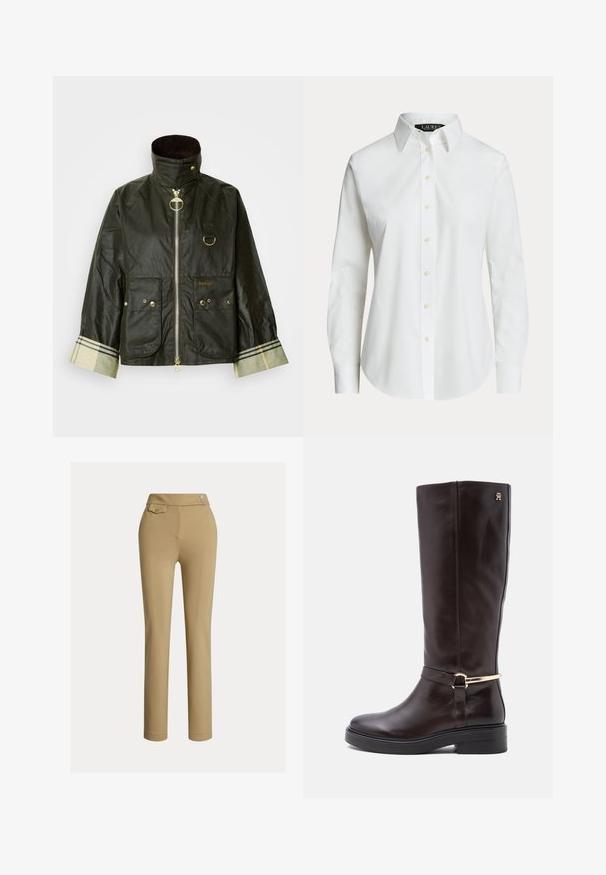 Veste cirée vert foncé avec un col montant, des accessoires dorés, deux poches avant et un détail à carreaux sur le poignet. Nom de la marque « Barbour » affiché.; Chemise blanche à manches longues, boutonnée, avec un col classique et des boutons visibles à l'avant, présentée sur un fond uni.; Pantalons beiges ajustés avec une texture lisse, taille haute, deux boutons décoratifs et une poche arrière. Design à jambe droite.; Botte haute en cuir marron foncé avec un petit talon, une sangle décorative dorée et un emblème près du haut.