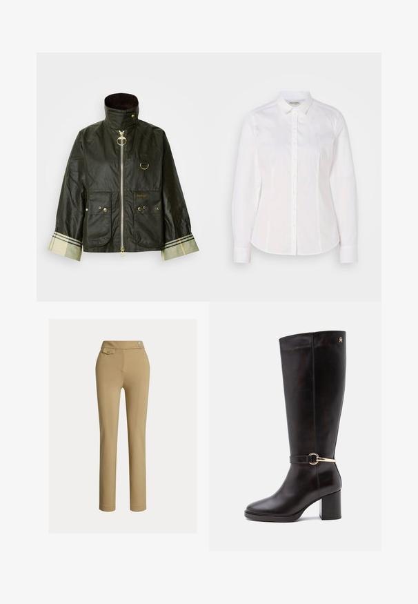 Veste cirée vert foncé avec un col montant, des accessoires dorés, deux poches avant et un détail à carreaux sur le poignet. Nom de la marque « Barbour » affiché.; Chemise blanche à boutons fabriquée en coton lisse, avec un col classique, des manches longues et un logo subtil sur la poitrine. Présente une fermeture à boutons sur le devant.; Pantalons slim beige pour femmes avec taille haute, deux boutons sur le côté et une petite poche à rabat boutonnée près de la taille.; Botte en cuir noire montant jusqu'au genou avec talon bloc et détail de sangle à boucle dorée près de la cheville sur un fond clair uni.