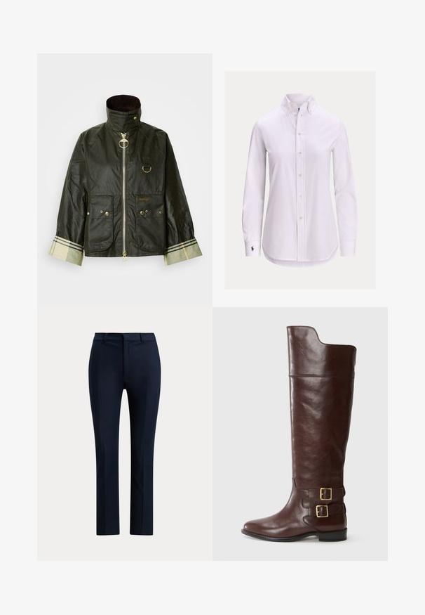 Veste cirée vert foncé avec un col montant, des accessoires dorés, deux poches avant et un détail à carreaux sur le poignet. Nom de la marque « Barbour » affiché.; Chemise blanche à manches longues avec col boutonné et petit logo brodé sur le poignet gauche.; Pantalon habillé bleu marine sur mesure, coupe droite, passants de ceinture et fermeture éclair à l’avant.; Botte en cuir marron montante avec un bout arrondi, dotée de deux boucles en métal doré au niveau de la cheville et d'une texture lisse et polie.