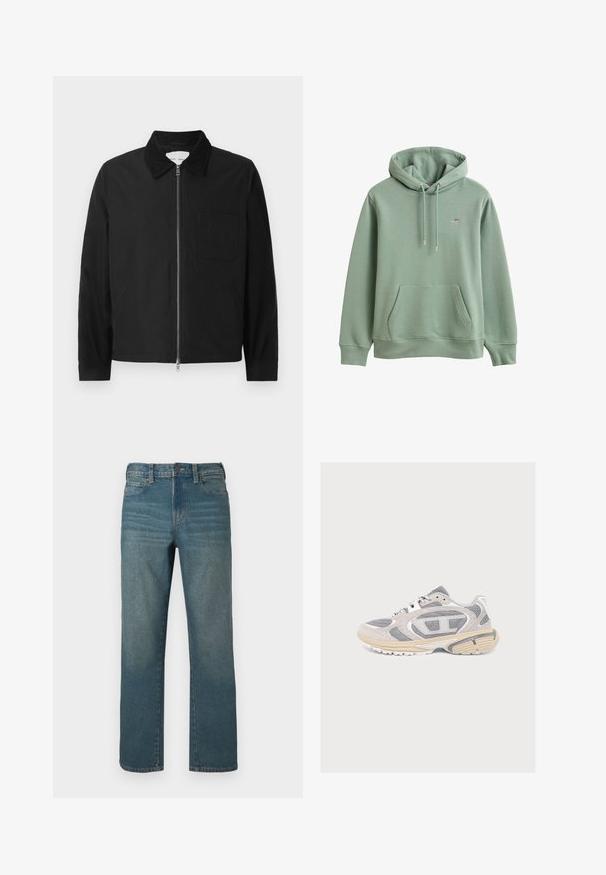 Chaqueta negra de manga larga con cremallera y collar, con un bolsillo en el pecho y dos bolsillos laterales, exhibida sobre un fondo blanco.; Sudadera con capucha de color verde claro, con bolsillo delantero, capucha con cordón ajustable, puños acanalados y pequeño logo bordado en el pecho.; Pantalones vaqueros de mezclilla en azul medio, diseño de pierna recta, con cierre de botones, cinco bolsillos y desgaste ligero en la parte delantera.; Zapatilla deportiva gris y beige con tejido de malla, cierre de cordones y suela gruesa de goma con agarre texturizado sobre un fondo liso.