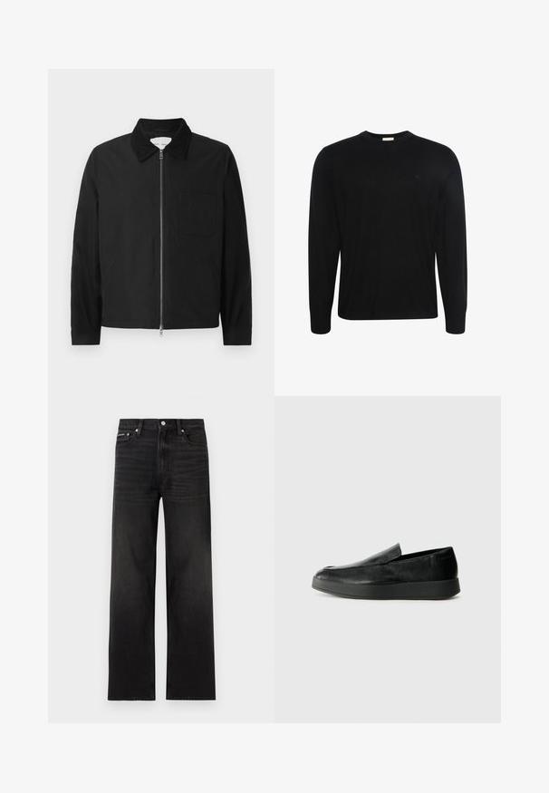 Veste zipée noire à manches longues avec col, une poche poitrine et deux poches latérales, présentée sur un fond blanc.; Pull noir à manches longues col rond avec un tissu subtilement texturé et un petit logo brodé sur la poitrine gauche.; Jean noir droit avec cinq poches, passants pour ceinture et fermeture par bouton, présenté sur un fond blanc.; Calvin Klein HYBRID CUP - Chaussons - triple black