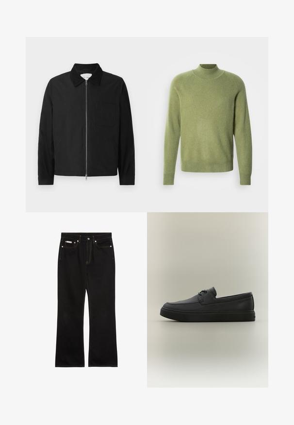 Chaqueta negra de manga larga con cremallera y collar, con un bolsillo en el pecho y dos bolsillos laterales, exhibida sobre un fondo blanco.; Suéter verde de cuello alto simulado con puños y dobladillo acanalados. Fabricado con tela suave, presenta una textura lisa y un ajuste relajado.; Vaqueros negros de pierna recta con costuras naranjas, cinco bolsillos, cierre de botón y una pequeña etiqueta Calvin Klein en el bolsillo delantero derecho.; Mocasín casual negro de cuero con detalles de cordones y suela gruesa de goma, visto de lado sobre un fondo neutro.