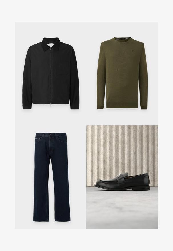 Chaqueta negra de manga larga con cremallera y collar, con un bolsillo en el pecho y dos bolsillos laterales, exhibida sobre un fondo blanco.; Suéter de punto verde oliva con mangas largas, escote redondo y puños acanalados. Detalle sutil del logo en el pecho. Textura suave y ajuste estándar.; Vaqueros de pierna recta azul oscuro con cierre frontal de botón y cremallera, bolsillos delanteros y trabillas para cinturón.; Mocasín de cuero negro con una placa metálica de marca apoyado cerca de una mesa redonda marrón sobre un suelo alfombrado beige.