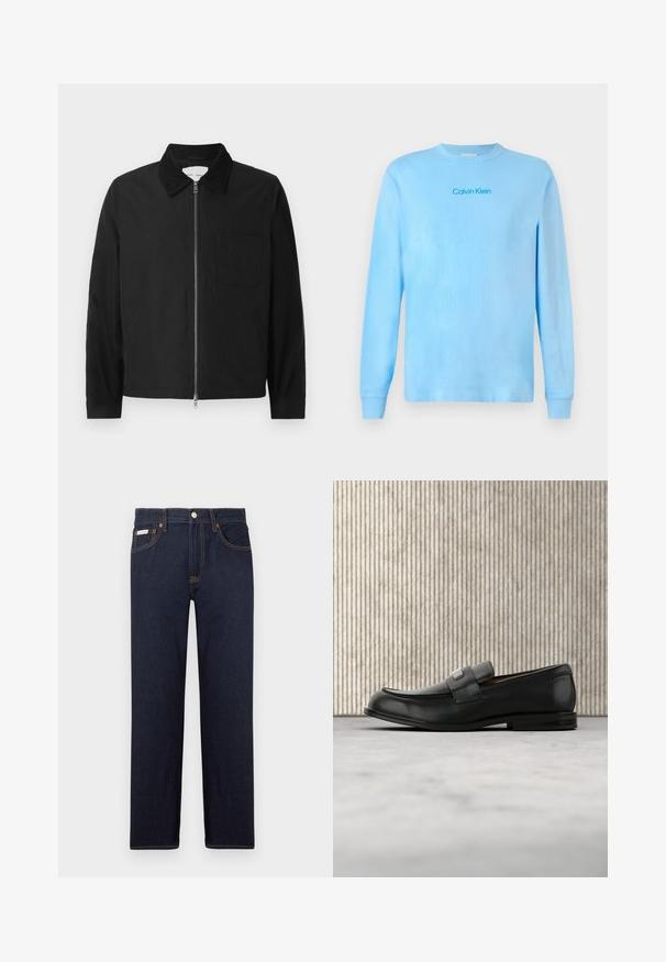 Veste zipée noire à manches longues avec col, une poche poitrine et deux poches latérales, présentée sur un fond blanc.; T-shirt à manches longues bleu clair avec le logo "Calvin Klein" centré sur la poitrine, affiché sur un fond uni.; Jean en denim bleu foncé avec une coupe droite, un design classique à cinq poches et des coutures orange contrastantes. Comprend une fermeture à bouton en métal.; Mocassin en cuir noir avec une plaque de marque en métal reposant près d'une table ronde marron sur un sol recouvert de moquette beige.