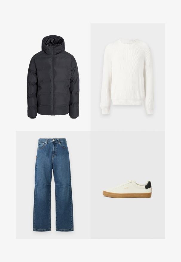 Veste d’hiver matelassée noire avec capuche, fermeture éclair devant et deux poches latérales, présentée sur un fond gris clair uni.; Pull en maille blanche avec un col rond, des épaules tombantes et des manches longues. Caractérisé par un tissu texturé et un ourlet droit.; Jeans en denim bleu avec une coupe relaxée, des jambes droites, des coutures visibles et une fermeture à bouton à l'avant. Comprend une poche latérale avec un accent.; Sneaker en toile blanche avec une semelle en gomme, accent au talon noir, bout rond et design à lacets. Présente le logo de la marque en doré sur le côté.