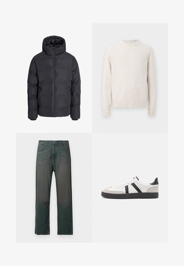 Veste d’hiver matelassée noire avec capuche, fermeture éclair devant et deux poches latérales, présentée sur un fond gris clair uni.; Pull crème avec un col rond, des poignets et un ourlet côtelés. Texture douce avec un design simple et épuré et des manches raglan.; Jean en denim vert foncé avec une coupe droite, doté d'un design classique à cinq poches et de coutures contrastantes le long des coutures.; Baskets blanches avec des accents noirs et gris, présentant un embout texturé gris, une semelle en caoutchouc noir et des lacets plats blancs. Design épuré, style minimaliste.