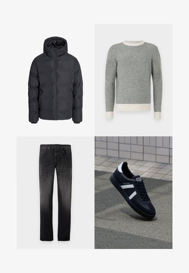 Veste d’hiver matelassée noire avec capuche, fermeture éclair devant et deux poches latérales, présentée sur un fond gris clair uni.; Pull rayé gris et crème avec un col rond côtelé et des poignets. Fabriqué en tissu texturé, offrant un design ajusté et des manches longues.; Jean en denim noir avec un effet délavé, coupe droite, style cinq poches et fermeture par bouton en métal. Texture lisse avec des détails subtils.; Sneaker en cuir noir avec des rayures blanches, semelle en caoutchouc texturée et devant à lacets. Présente une étiquette de marque sur la languette.