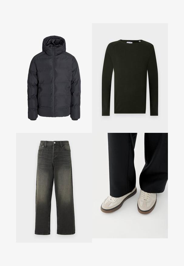 Veste d’hiver matelassée noire avec capuche, fermeture éclair devant et deux poches latérales, présentée sur un fond gris clair uni.; Chemise en tricot à manches longues vert foncé avec un col rond, présentant un tissu texturé et des poignets ajustés. Étiquette visible au niveau du col.; Jeans en denim noir à coupe décontractée, avec une taille haute, des éléments en métal argenté, et une texture délavée avec des plis subtils. Jambes droites sans embellissements.; Pieds portant des baskets beige avec des semelles marron et un pantalon noir à jambes larges sur fond blanc.