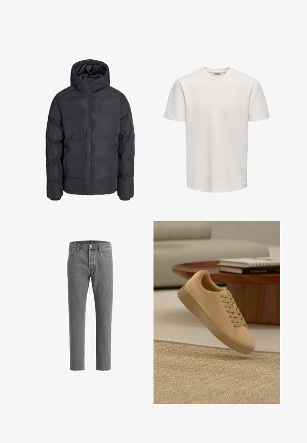 Veste d’hiver matelassée noire avec capuche, fermeture éclair devant et deux poches latérales, présentée sur un fond gris clair uni.; T-shirt blanc uni à manches courtes et texturé, col rond, présenté sur fond neutre, sans logos ni motifs visibles.; Jean en denim gris avec une coupe droite, design à cinq poches et fermeture à bouton en métal. Le tissu a une finition douce et texturée.; Baskets beiges à lacets flottant au-dessus d'un tapis texturé avec une table basse en bois et des livres empilés en arrière-plan flou.