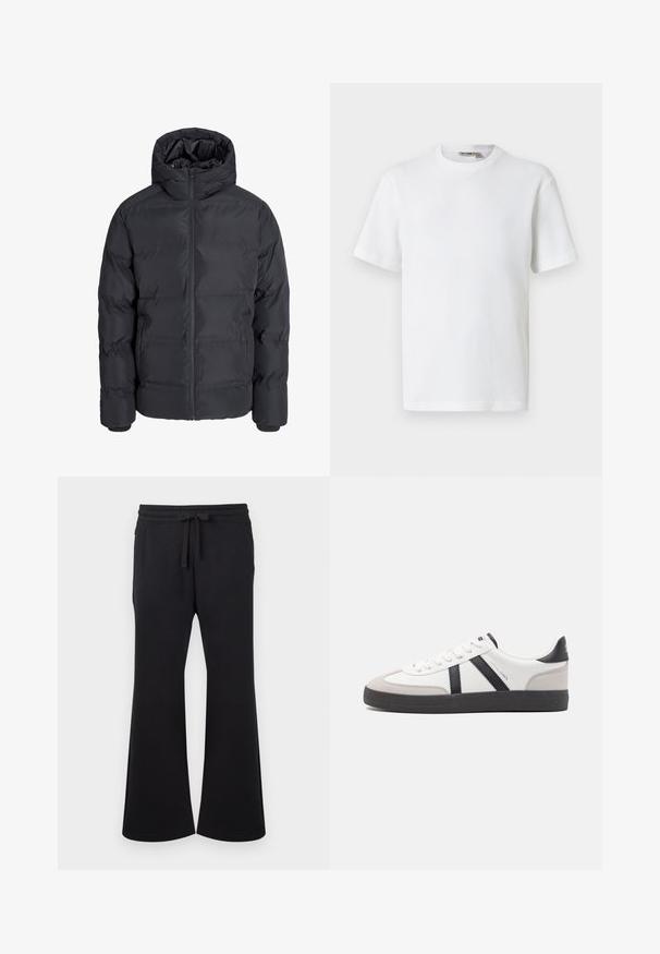 Veste d’hiver matelassée noire avec capuche, fermeture éclair devant et deux poches latérales, présentée sur un fond gris clair uni.; T-shirt blanc à manches courtes en maille gaufrée avec col rond, petite étiquette de marque à l'intérieur du col, présenté sur un fond uni.; Pantalons larges noirs avec taille à cordon et poches latérales, fabriqués en tissu doux.; Baskets blanches avec des accents noirs et gris, présentant un embout texturé gris, une semelle en caoutchouc noir et des lacets plats blancs. Design épuré, style minimaliste.