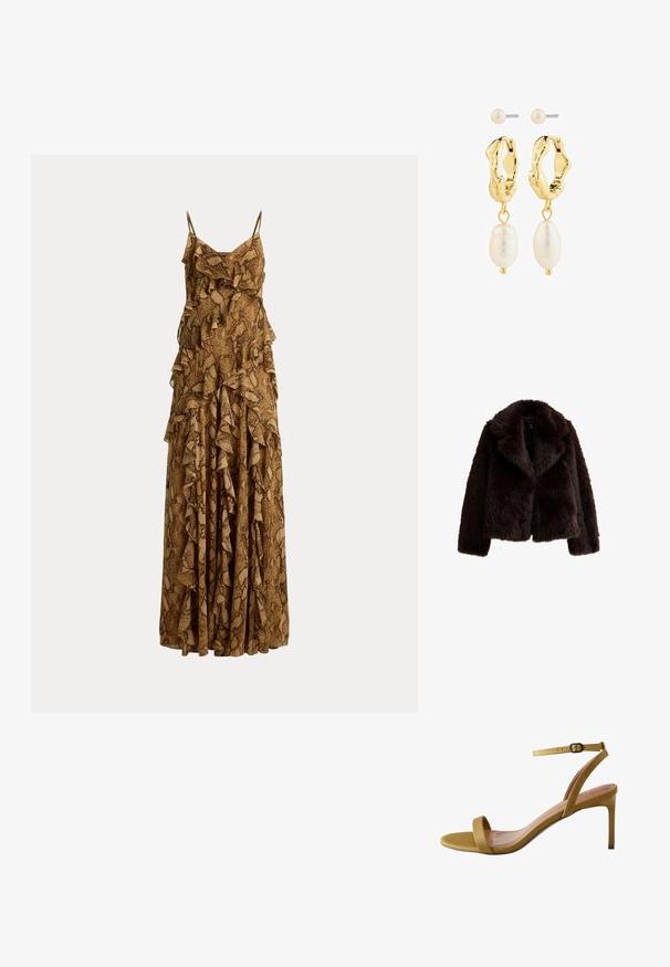 Donkerbruin faux fur jasje met een brede kraag, cropped ontwerp en lange mouwen. Zachte textuur met een dikke, harige uitstraling.; Bruine maxi-jurk met slangenprint, dunne bandjes en gelaagde ruches langs het lijfje en de rok.; Next FOREVER COMFORT SIMPLE - Sandalen - mottled green; Gouden hoepeloorbellen met een getextureerd ontwerp, voorzien van witte ovale en ronde parels die aan elke hoepel hangen. Inclusief eenvoudige studoorbellen.