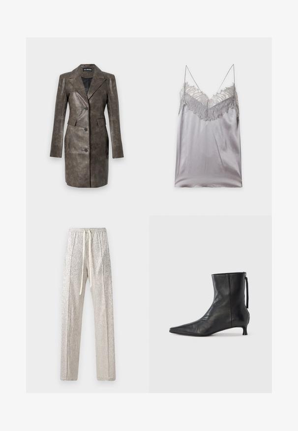 Braune Lederjacke mit spitzem Kragen, Knopfverschluss, Seitentaschen und glatter Textur. Taillierte Passform mit langen Ärmeln.; Silbernes Satin-Camisole mit Spitzenbesatz entlang des V-Ausschnitts und dünnen Spaghettiträgern auf einfarbigem Hintergrund.; Silberne, texturierte Hose mit lockerer Passform. Sie verfügt über einen Kordelzugbund und einen dezenten Glanz. Gerades Bein-Design ohne zusätzliche Verzierungen.; Schwarzer Leder-Stiefelette mit spitz zulaufender Spitze, strukturierter Form und niedrigem Absatz. Verfügt über einen Seitenreißverschluss und ein minimalistisches Design.