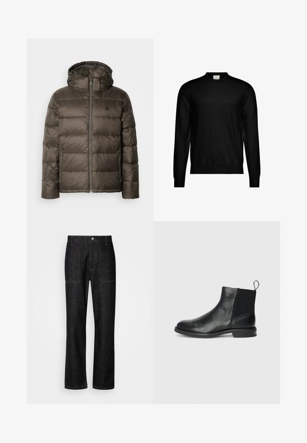 Chaqueta acolchada marrón con capucha, presenta un cierre frontal, bolsillos laterales y un diseño acolchado. El material parece ligero y suave.; Suéter negro de manga larga y cuello redondo con puños y dobladillo acanalados, que presenta una pequeña etiqueta blanca de la marca en el interior del cuello.; Pantalones de mezclilla negros con corte recto, costuras visibles y cierre frontal con botón. Incluye dos bolsillos laterales y dos bolsillos traseros.; Botas de tobillo de cuero negro con paneles laterales elásticos, punta redondeada, tacón bajo cuadrado y una lengüeta en la parte posterior para ponerlas y quitar las fácilmente.