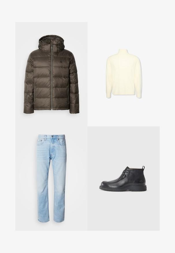 Veste marron matelassée avec capuche, présentant une fermeture éclair à l'avant, des poches latérales et un design matelassé. Le matériau semble léger et lisse.; Pull col roulé crème à manches longues avec des poignets côtelés et un logo discret sur la poitrine, présenté sur un fond blanc uni.; Jean en denim bleu clair, à coupe droite, avec des sections décolorées, design à cinq poches et fermeture à bouton classique.; Bottes noires en cuir à talon arrondi, avec un design à lacets et une languette à l'arrière. Tige texturée et semelle en caoutchouc.