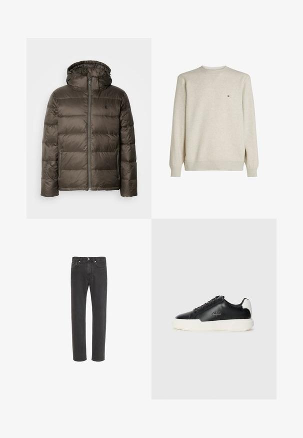 Polstret brun jakke med hætte, der har en frontlynlås, sidelommer og et quiltet design. Materialet ser let og glat ud.; Lys beige sweatshirt lavet af en bomuldsblanding, med rund hals, lange ærmer, ribbede manchetter og et lille logo på brystet.; Sorte jeans med lige ben i denim med knap- og lynlås-lukning foran, for- og baglommer, vist på hvid baggrund.; Sorte lædersneakers med hvid gummisål. Har rundt tå, snørebåndsdesign og logo-detajle på siden. Bagakcent i hvid.