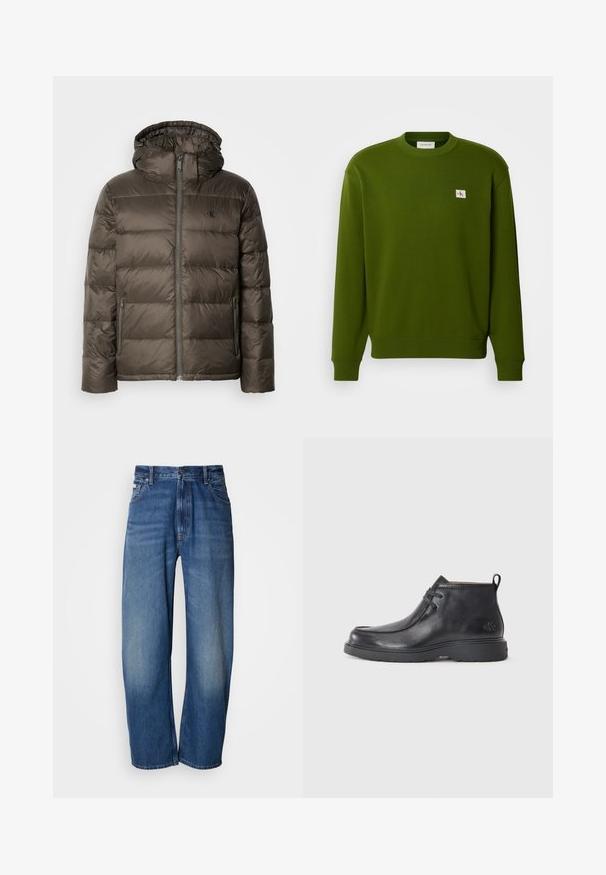 Chaqueta acolchada marrón con capucha, presenta un cierre frontal, bolsillos laterales y un diseño acolchado. El material parece ligero y suave.; Sudadera de algodón verde con cuello redondo, puños y dobladillo acanalados. Presenta un pequeño logo bordado en la esquina superior izquierda.; Jeans vaqueros de pierna ancha en un tono azul medio. Cuentan con cremallera, cinco bolsillos y un ligero desgaste para un aspecto usado. Detalle clásico de costuras.; Botas de cuero negras hasta el tobillo con punta redondeada, diseño con cordones y una lengüeta en la parte trasera. Parte superior texturizada y suela de goma.