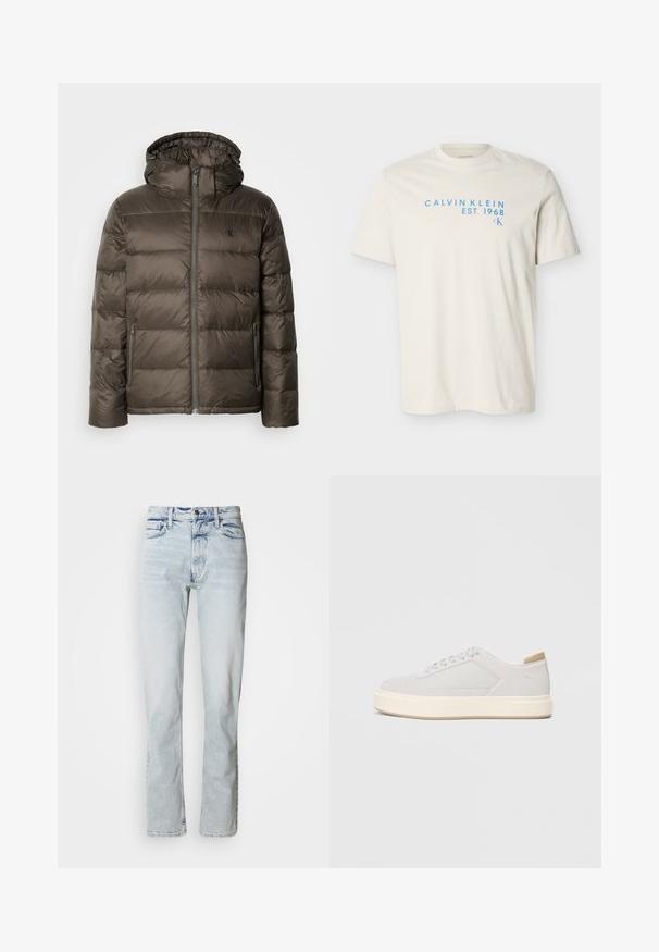 Polstret brun jakke med hætte, der har en frontlynlås, sidelommer og et quiltet design. Materialet ser let og glat ud.; Kremfarvet t-shirt med korte ærmer og rund hals, med lyseblåt tekst "CALVIN KLEIN EST. 1968" og lille "CK" logo på brystet.; Lyseblå denimjeans med lige snit, slidte detaljer, fem-lomme-design og klassisk knaplukning i taljen.; Lys grå sneakers med en glat syntetisk overdel, rund tå og en struktureret crème mellemsål. Lysebrune accenter på hælen.